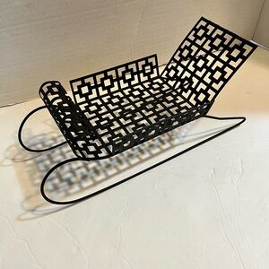 MCM Christmas Metal Sleigh 1950's Punched Metal Black Decor Holiday Display VTG